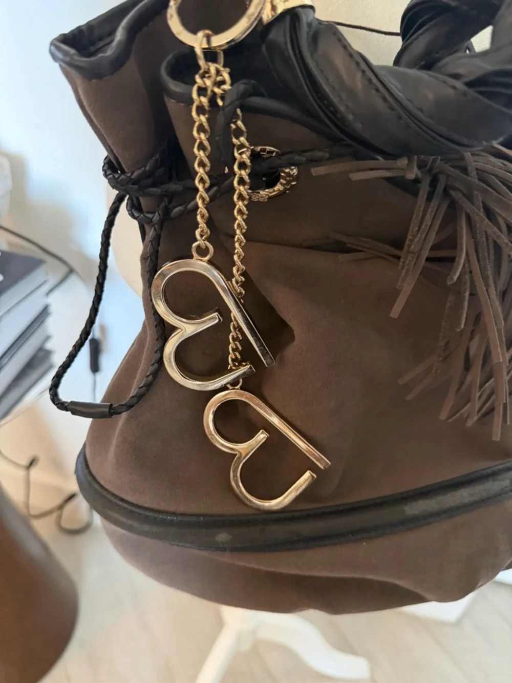 Brown Hobo Shoulder Bag with Braided Handle and Tassel